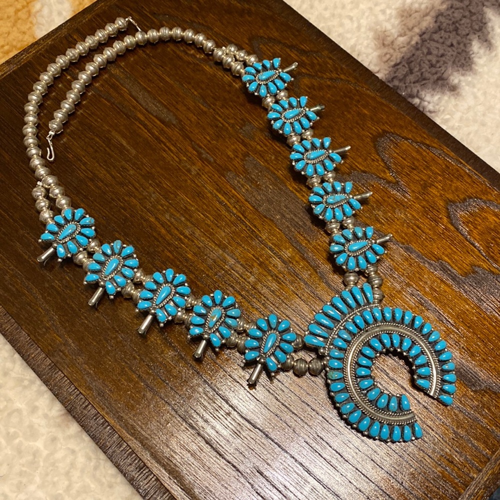 Navajo Petite Point Turquoise Squash Blossom Necklace